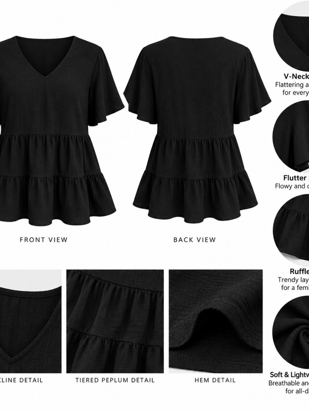 Women’s Black V-Neck Tiered Peplum Top